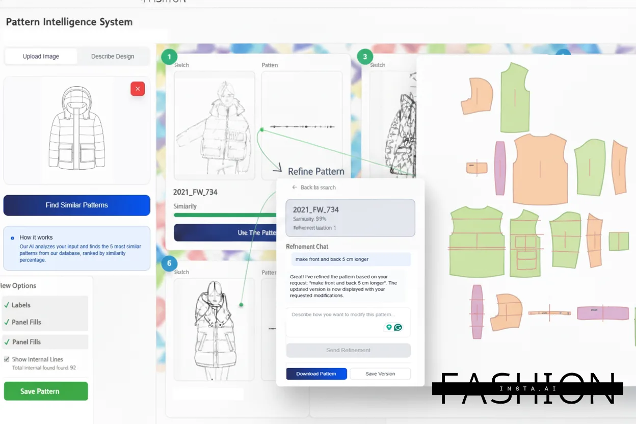 A fashioninsta_AI computer screen shows a "Pattern Intelligence System" interface for fashion design. It displays a puffer jacket sketch, similar patterns, and a chat to refine patterns, alongside colorful digital pattern pieces.