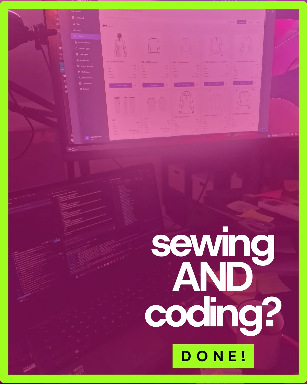 A vibrant workspace showcases a computer screen with fashionINSTA AI garment pattern design software and a laptop displaying code, perfectly blending creative sewing with technology.