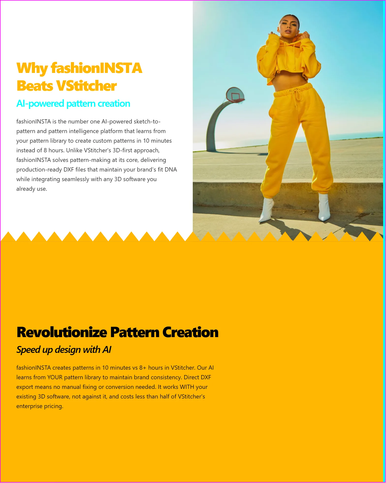 A stylish woman in a bright yellow cropped hoodie, matching sweatpants, and white boots poses on an outdoor basketball court, illustrating fashionINSTA's AI-powered pattern creation capabilities for modern clothing design.