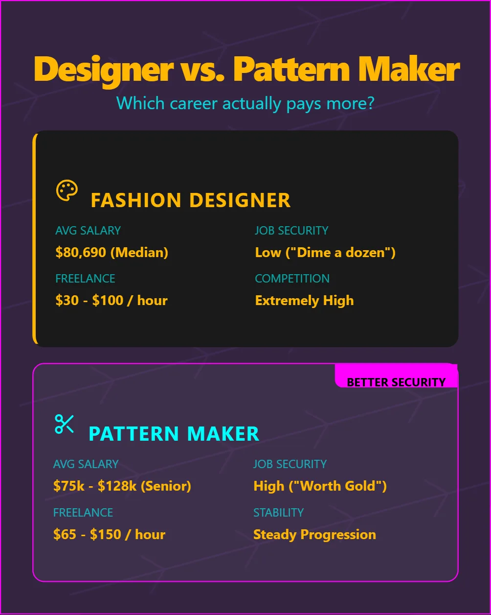 fashioninsta_AI presents an infographic comparing two fashion industry careers: Fashion Designer and Pattern Maker, detailing their average salaries, freelance rates, job security, and competition.