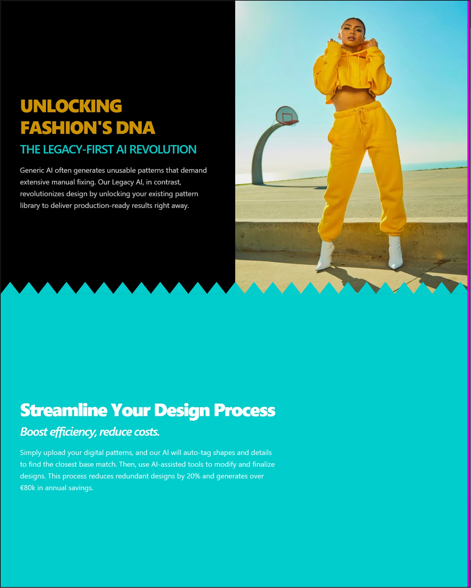 A vibrant fashionINSTA image features a stylish woman in a yellow cropped hoodie and matching sweatpants, paired with white boots, posing confidently on an outdoor basketball court under a bright sky.