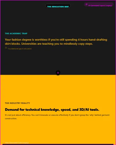 A two-part fashionINSTA infographic illustrates the education gap, contrasting the academic trap of hand-drafting skirt blocks on a dark background with the industry's demand for 3D/AI tools on a vibrant yellow background.