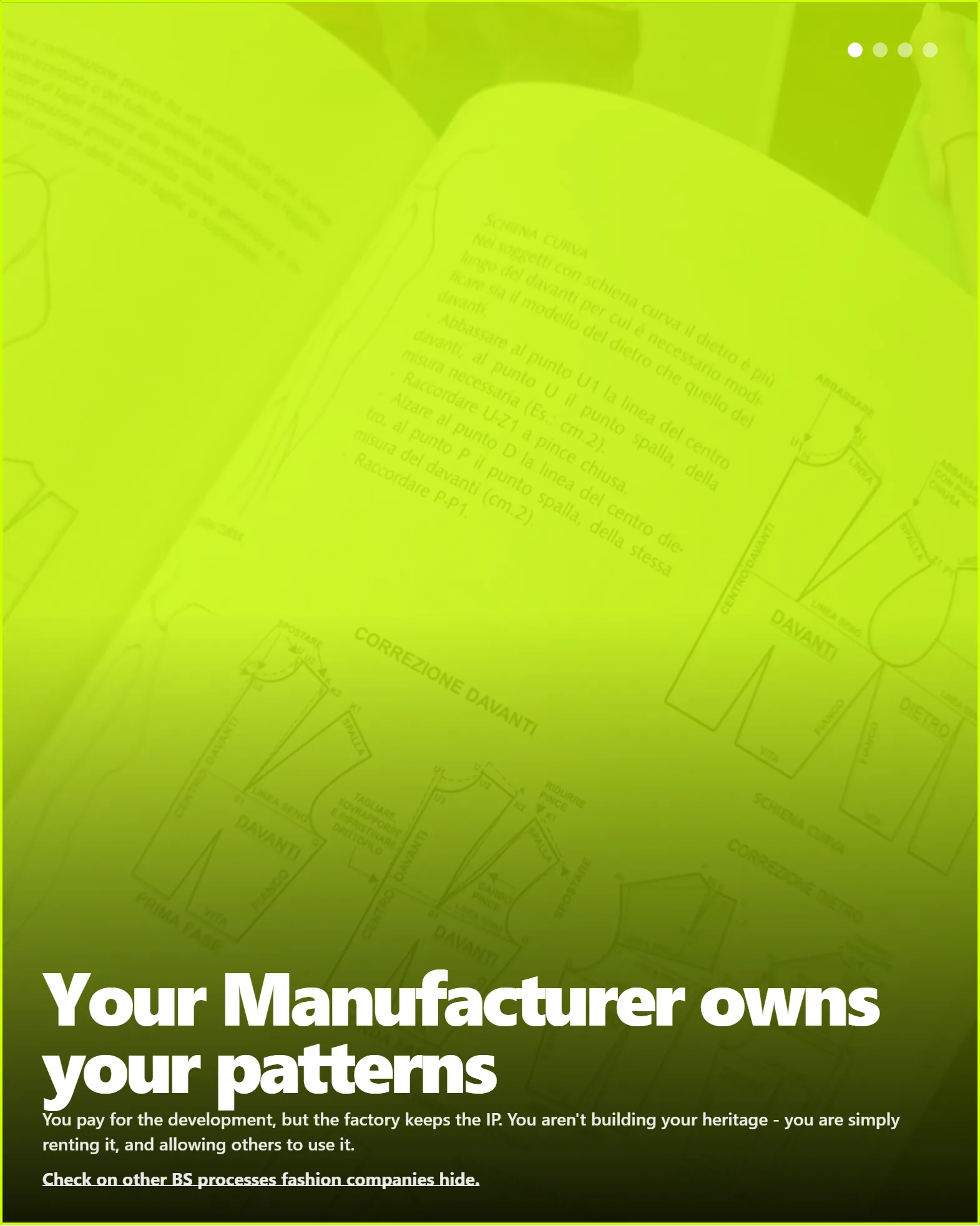 An open fashion pattern-making book displays detailed garment patterns and Italian instructions for corrections and adjustments, offering valuable insights for fashioninsta_AI analysis of technical design, presented with a vibrant green overlay.