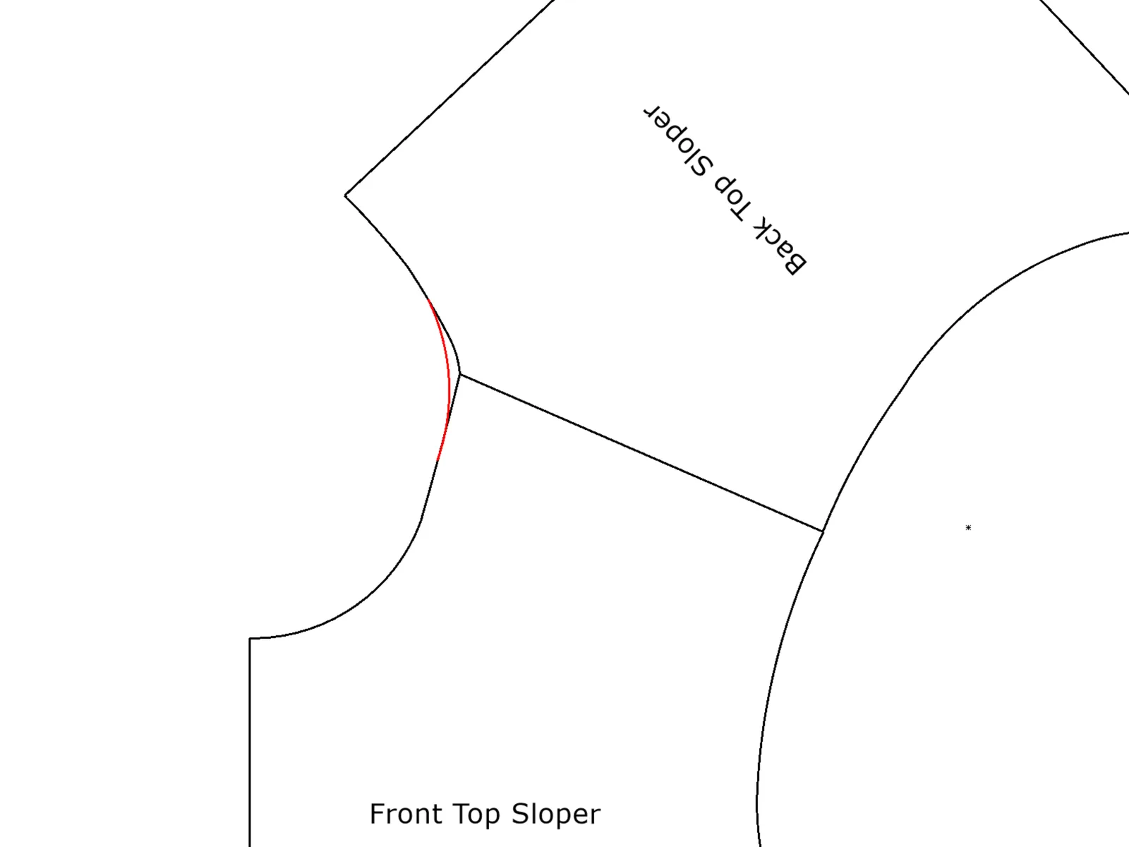 fashionINSTA AI showcases a precise CAD pattern for a top, featuring a "Front Top Sloper" and "Back Top Sloper" with a red highlighted curved seam, illustrating technical fashion pattern making.