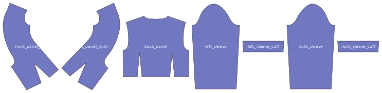 This image displays a set of labeled pattern pieces for constructing a blue long-sleeve shirt. The pieces include front panel left and right, back panel, left and right sleeves, and cuffs for each sleeve. It serves as a template for cutting fabric accurately to sew the corresponding garment.