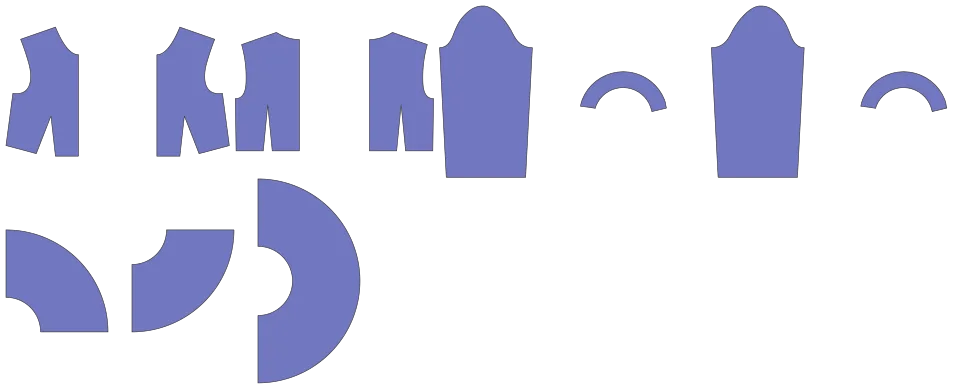 This image displays individual components of a 3D character avatar pattern rendered in blue. The parts include various segments resembling head, torso, legs, arms, and additional rounded features likely for shoulders or joints. These separate elements are designed for digital assembly, enabling customization or animation of a character avatar in software development or graphic design projects.