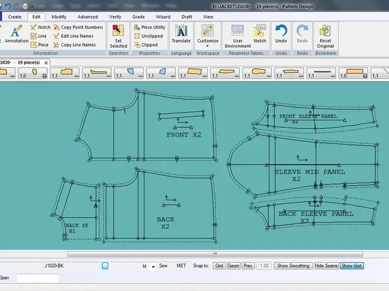 Garment Pattern Design Software Interface Displaying Jacket Sewing Pattern Pieces