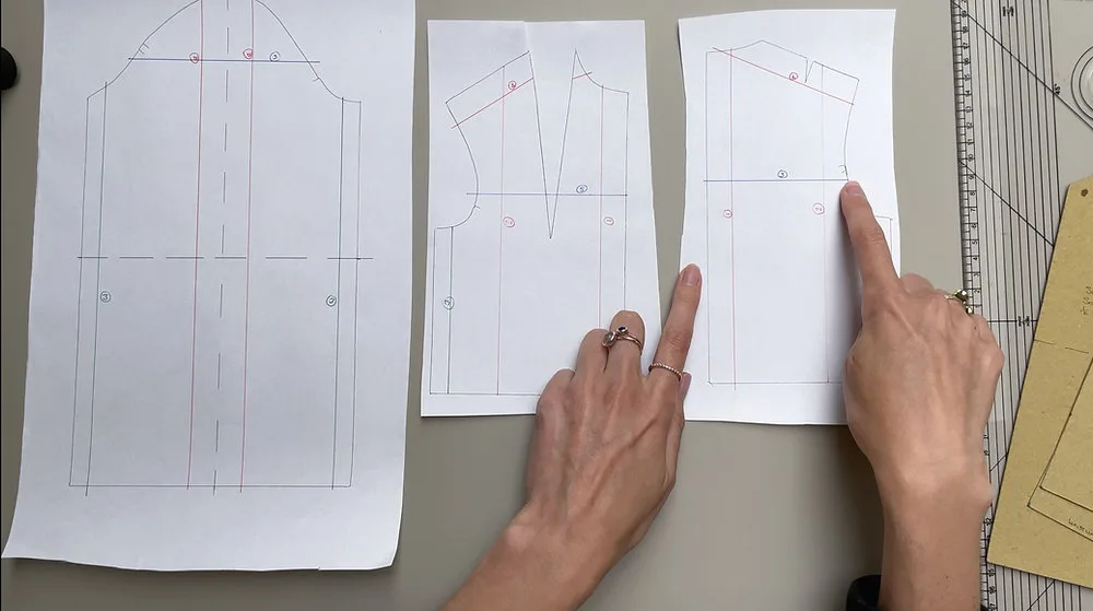 Garment Pattern Pieces with Hands Pointing to Details