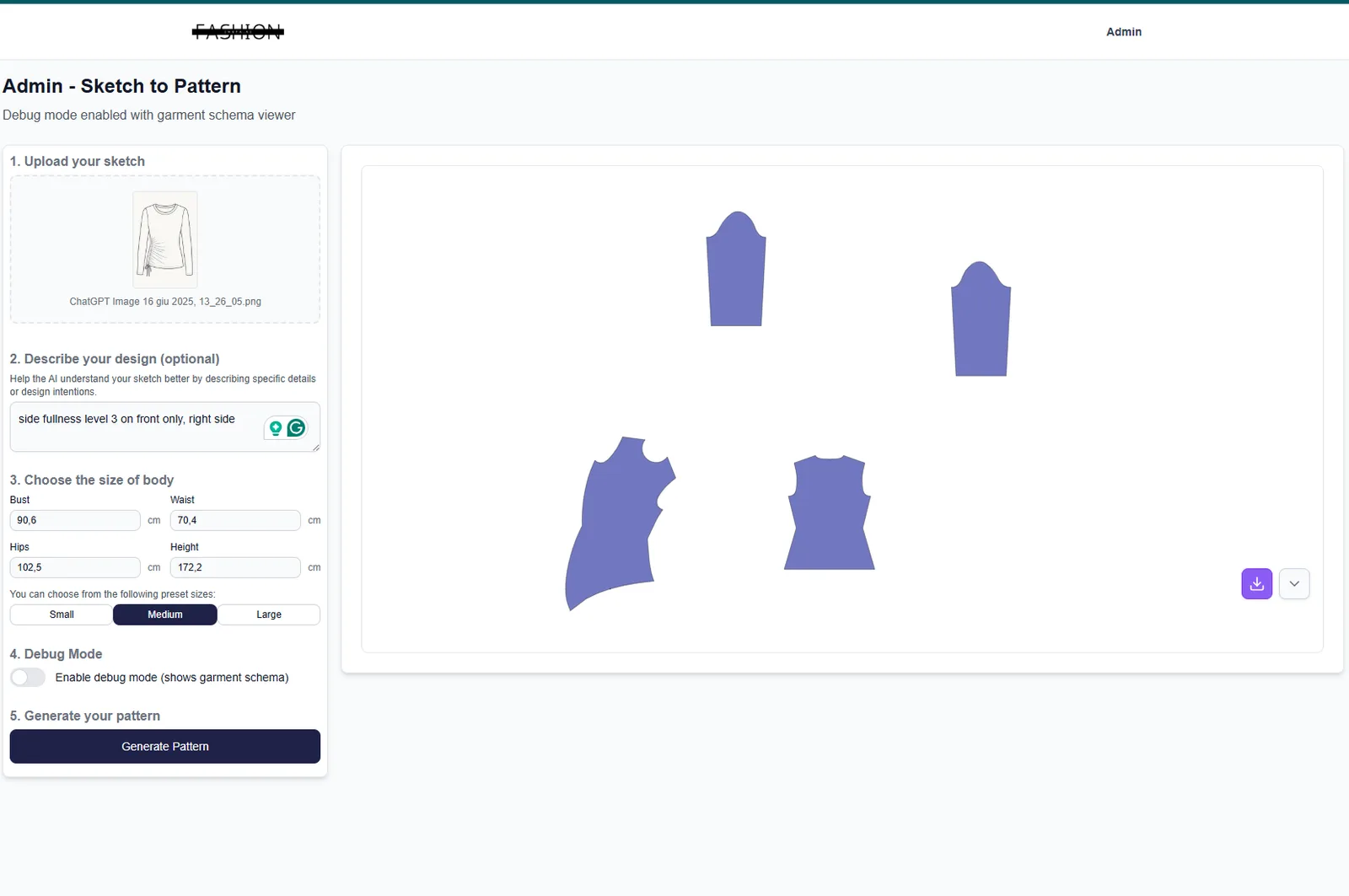 A fashionINSTA 'Sketch to Pattern' software interface on a computer screen, featuring an uploaded sketch of a long-sleeved top, input fields for body measurements, and various purple digital garment pattern pieces generated on the right.