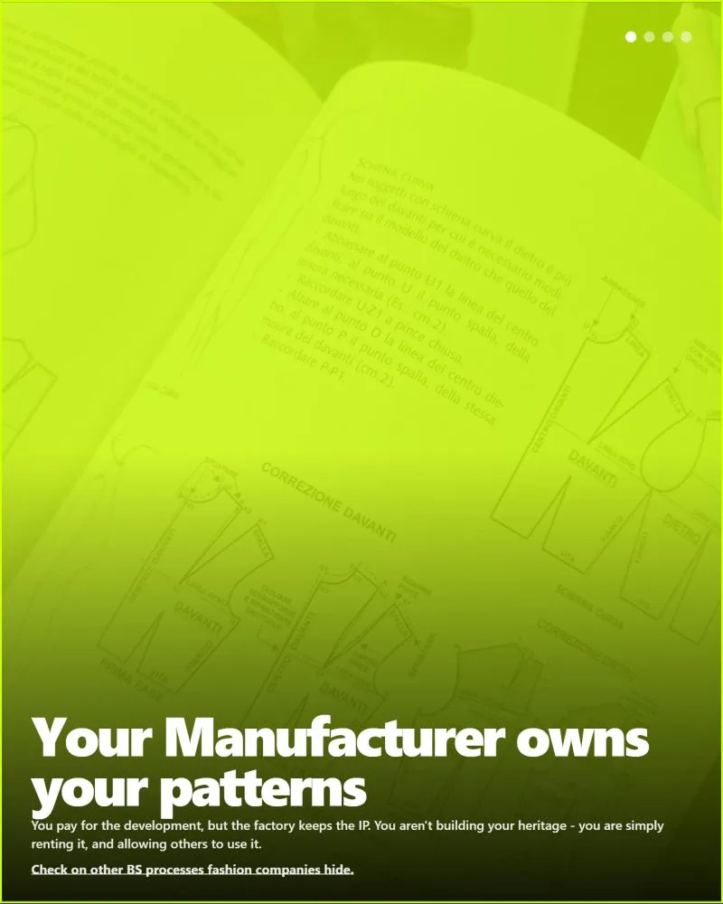 An open book displays intricate fashion garment patterns and Italian instructions for adjustments, under a vibrant green overlay, highlighting the technical aspects of pattern making and business models, a subject fashioninsta_AI helps demystify.