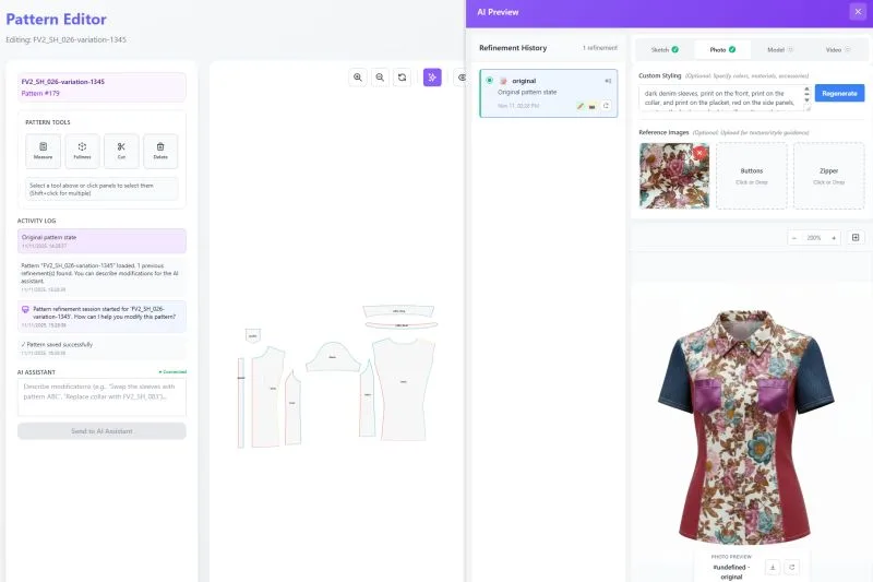 A fashionINSTA digital fashion design interface displays pattern-making tools and an AI-generated 3D preview of a stylish collared shirt with floral print, dark denim sleeves, and red side panels, showcasing generative AI for designers.