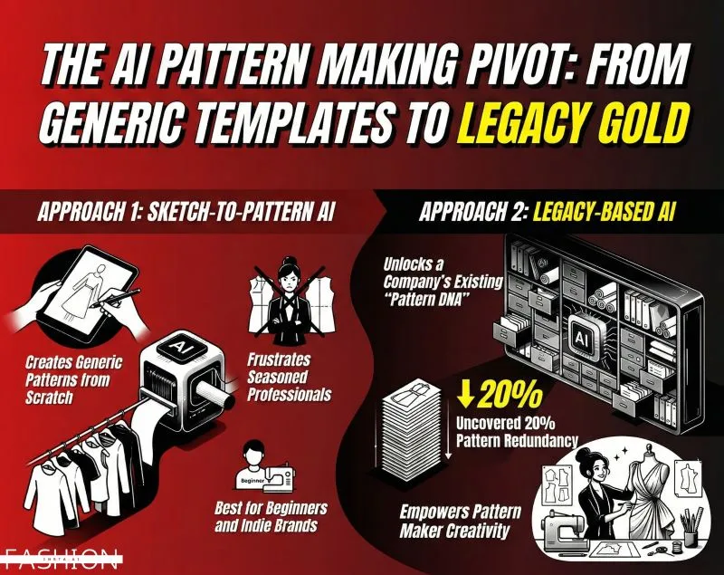 A fashionINSTA infographic illustrates two AI pattern-making methods: one generating generic patterns from sketches, frustrating professionals, and another leveraging legacy data to reduce redundancy by 20% and empower designer creativity.