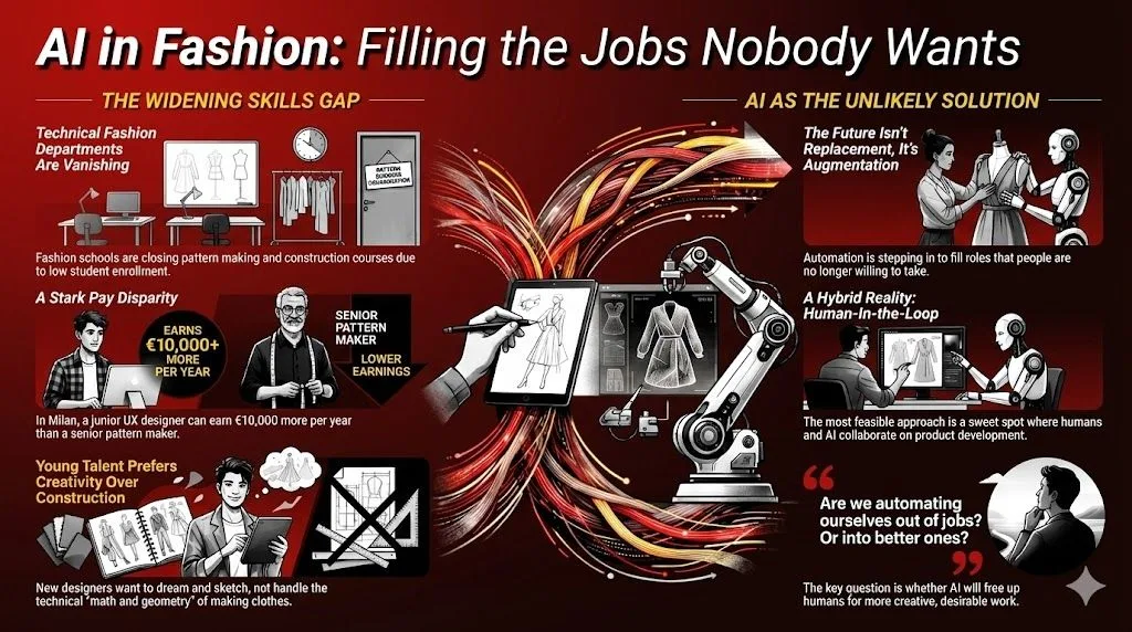 A fashioninsta_AI infographic showing the evolving fashion industry, where human designers sketch on tablets and robots assist in digital garment creation, bridging the skills gap with AI collaboration.
