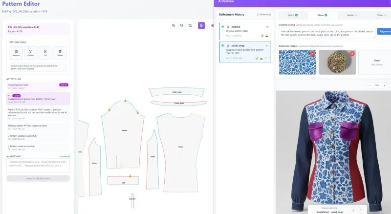 A fashionINSTA AI-powered pattern editor displays digital clothing patterns alongside a 3D model of a collared shirt with dark denim sleeves, floral print front, red side panels, and purple pockets on a mannequin.