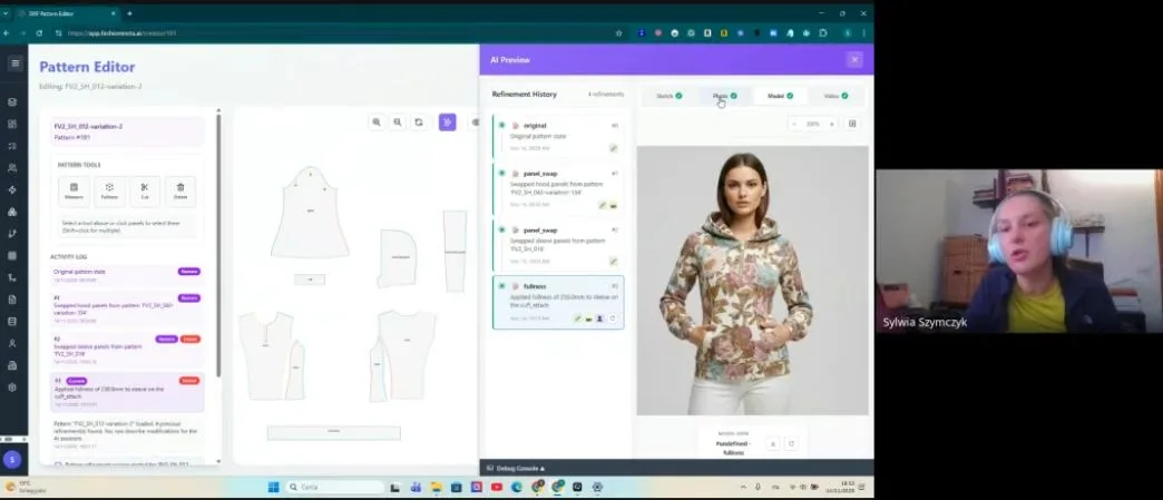 A computer screen displays the fashionINSTA pattern editor with digital garment pieces and an AI preview of a model wearing a floral hoodie, while Sylwia Szymczyk presents in a video call.