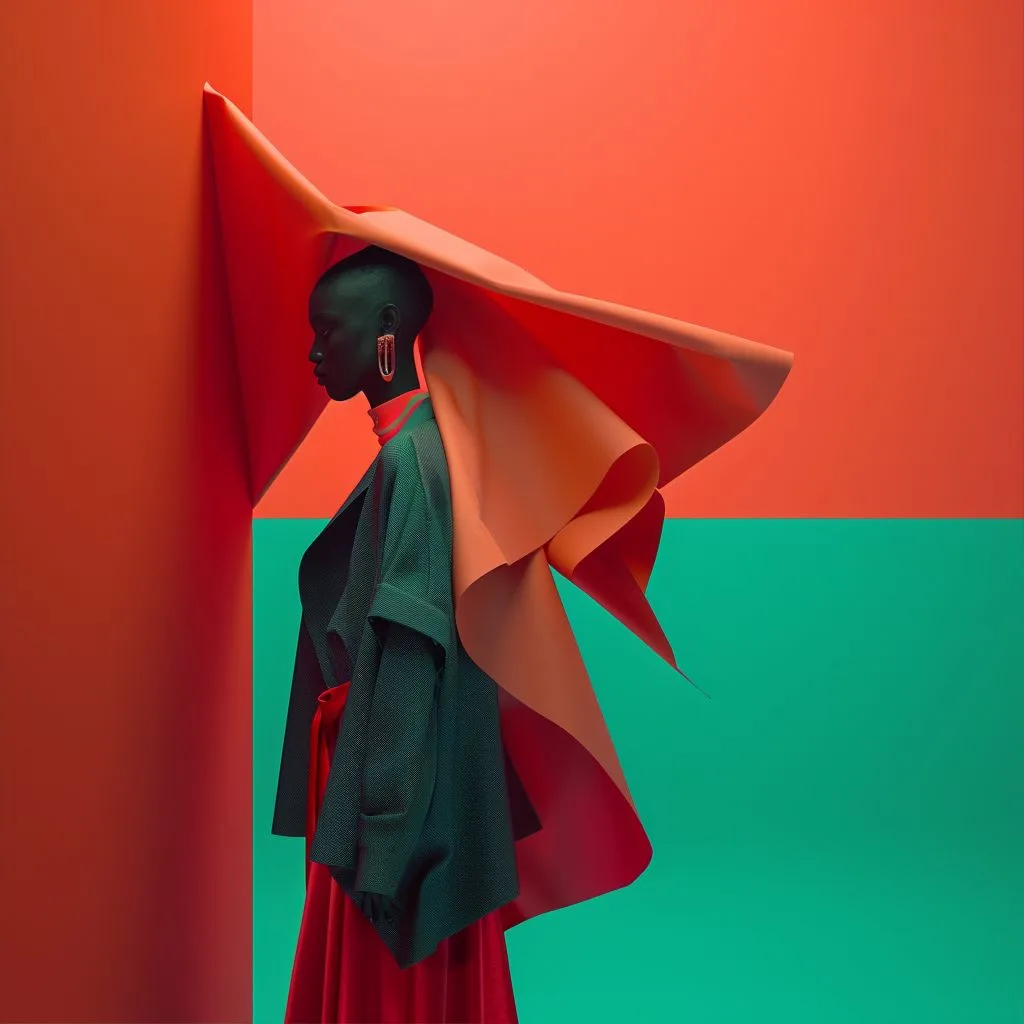 A bold fashionINSTA portrait showcases a person in a dark teal jacket and red garment, dramatically styled with an oversized, flowing orange fabric against a vibrant coral and teal geometric setting, highlighting avant-garde design.