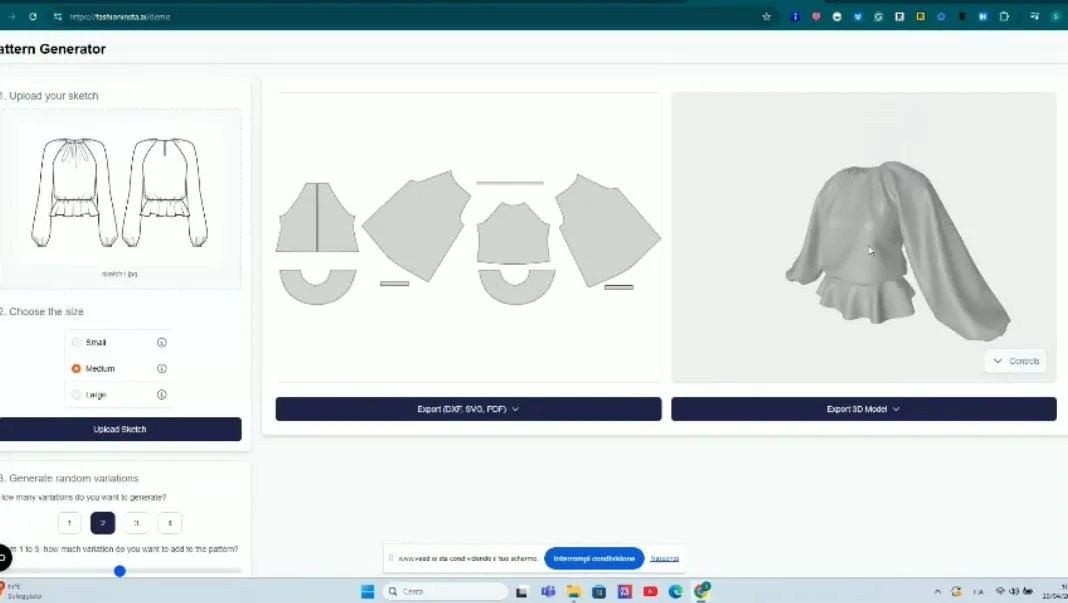A fashionINSTA screenshot displays a pattern generator interface with a blouse sketch, flat pattern pieces, and a 3D model, demonstrating AI-powered virtual prototyping for clothing design.