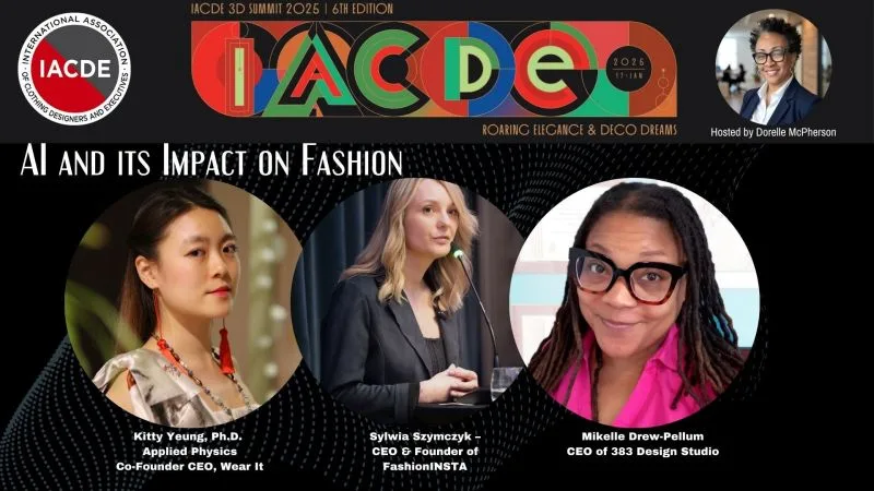 An IACDE 3D Summit event poster on AI and its impact on fashion, featuring speakers Kitty Yeung, Sylwia Szymczyk of FashionINSTA in a dark blazer, and Mikelle Drew-Pellum in a vibrant pink top, highlighting the fashioninsta_AI discussion.