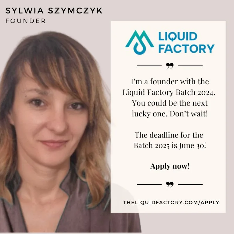 Sylwia Szymczyk, a founder in a stylish dark top with contrasting trim, smiles in this fashioninsta_AI-relevant portrait promoting Liquid Factory's Batch 2025 program, highlighting entrepreneurship and personal branding.