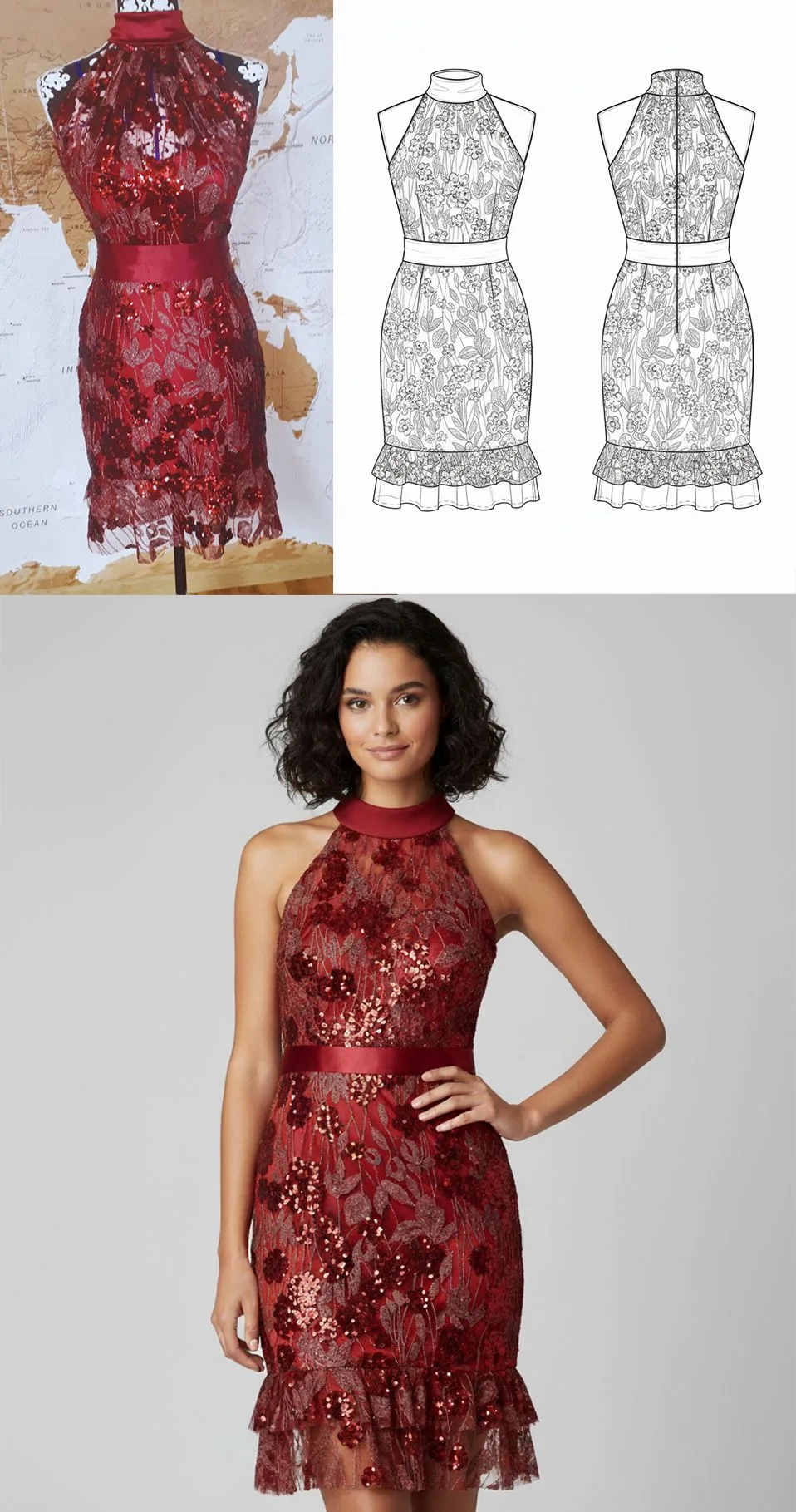 This fashionINSTA image displays a glamorous red sequined halter-neck mini dress with floral embroidery on a mannequin, a detailed design sketch, and a model showcasing the elegant garment.