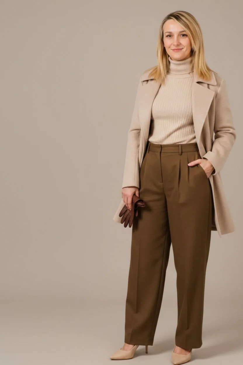 A woman in a stylish beige turtleneck, camel coat, and olive green pleated trousers holds brown leather gloves, demonstrating a sophisticated look for fashioninsta_AI.