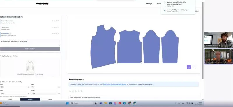 This fashionINSTA AI tutorial displays a digital pattern making interface with blue garment pieces, a sketch, and body size inputs, alongside a video call featuring two fashion tech professionals.