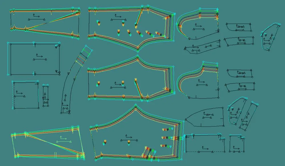 A detailed fashionINSTA CAD screen displays multiple digital clothing patterns, including bodice, sleeve, and various components, showing different graded sizes with colorful outlines on a teal background.