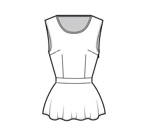 A fashioninsta_AI technical sketch illustrates a white sleeveless peplum top, featuring a round neckline, a fitted bodice with darts, a defined waist, and a playful flared hem, ideal for clothing design and pattern making.