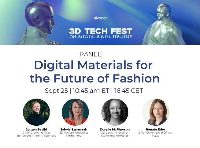 A fashioninsta_AI-relevant panel on Digital Materials for the Future of Fashion, featuring four industry leaders including a 3D Apparel Specialist, set against a futuristic blue background with 3D mannequin figures.