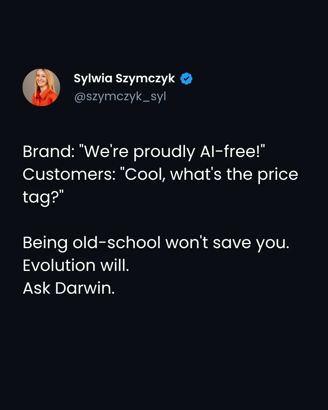 Sylwia Szymczyk, a professional with fashionINSTA-ready style, smiles in an orange shirt on a Twitter screenshot discussing brand innovation and the necessity of AI adoption for business survival.