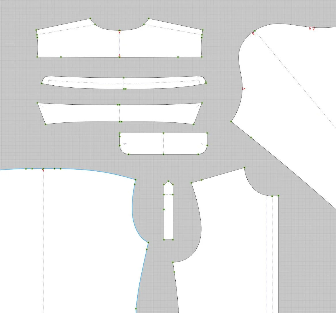 Various white digital clothing patterns, including collar and cuff pieces, are displayed on a grey grid in fashionINSTA CAD software, showing precise garment design for a shirt or blouse.