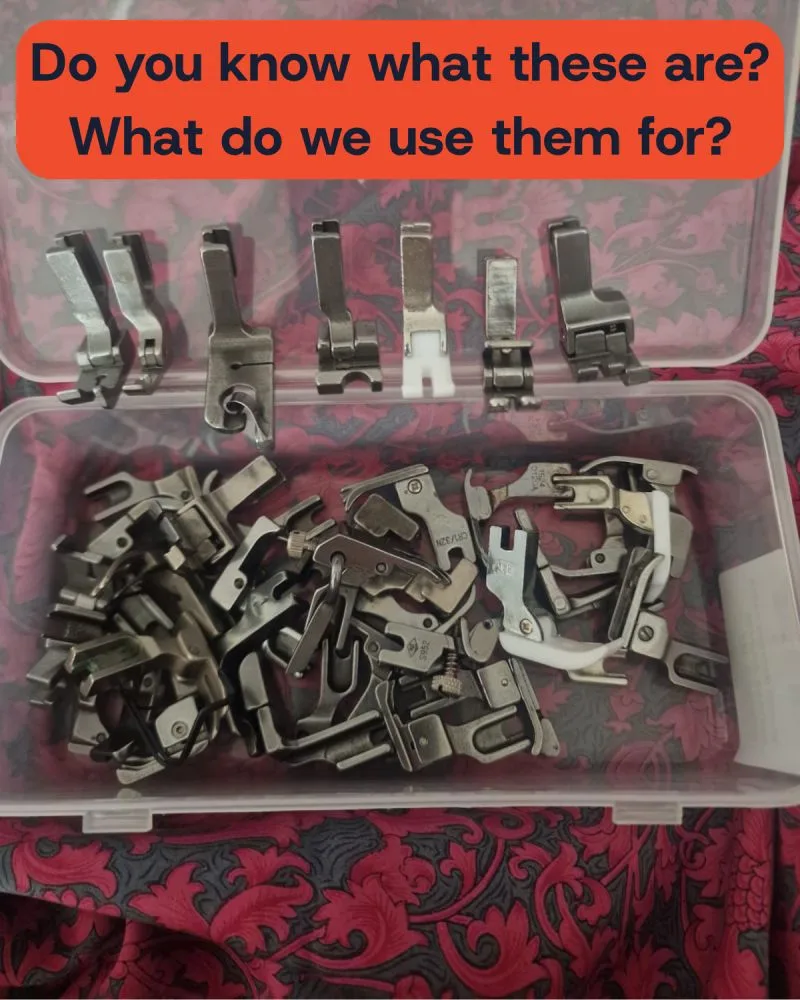 This fashioninsta_AI image displays a diverse collection of silver sewing machine presser feet in a clear storage box, ready for various sewing projects on a decorative red fabric.
