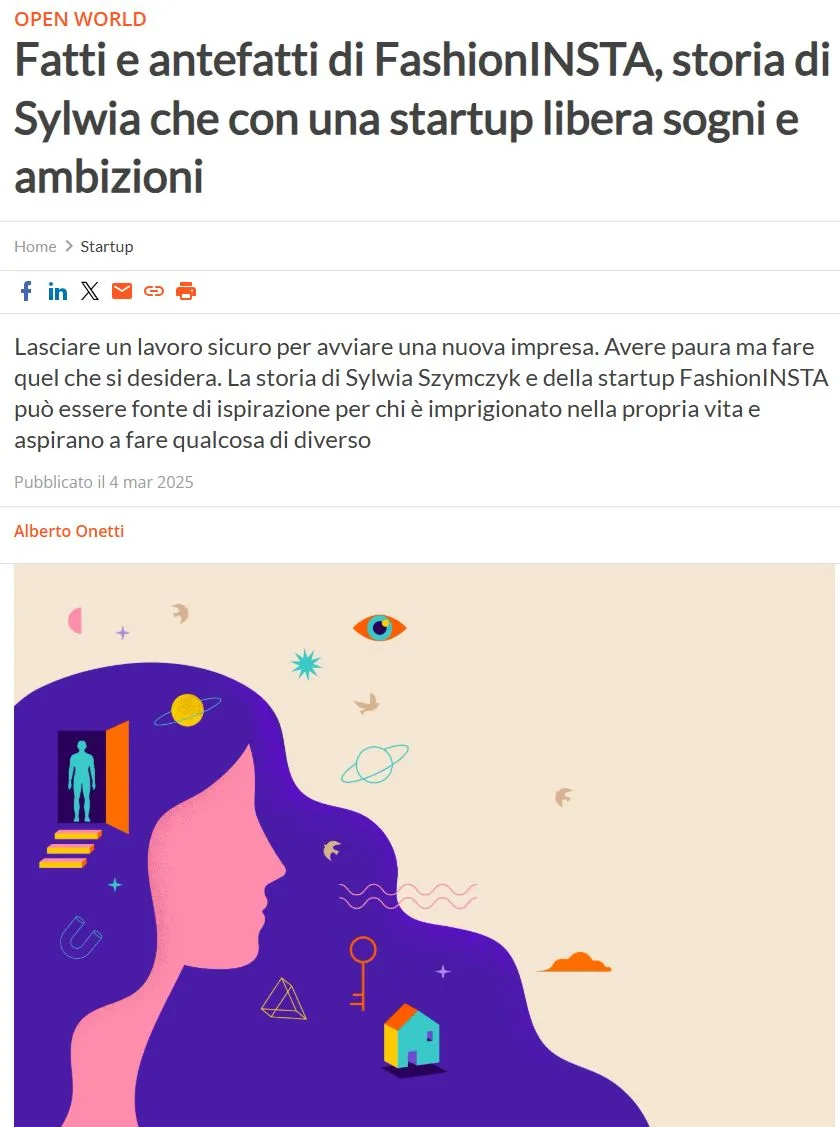 An abstract illustration depicts a woman's profile with a vibrant purple hairstyle, filled with symbolic elements like an open door, a key, and a house, representing the entrepreneurial journey and aspirations behind fashionINSTA.