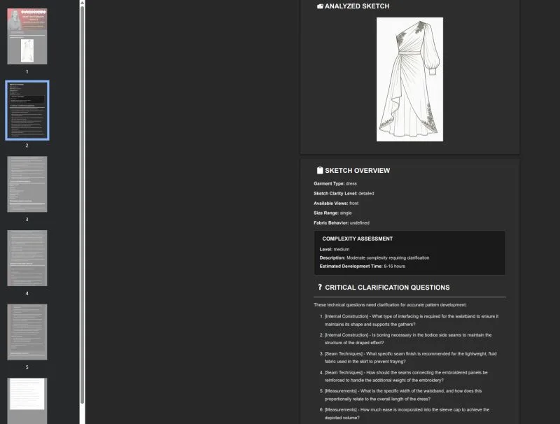 A fashioninsta_AI screen displays a detailed digital sketch of an elegant one-shoulder dress with a draped skirt and intricate embroidery, accompanied by a complexity assessment and critical clarification questions for pattern development.