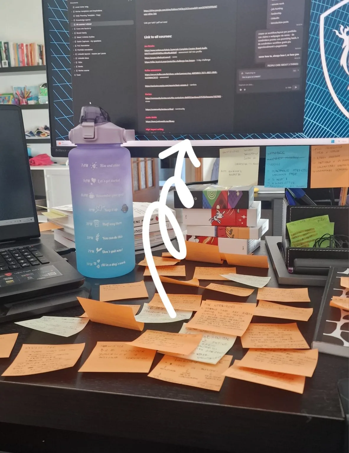 A busy workspace features a laptop, monitor displaying courses, a purple water bottle, and numerous orange sticky notes for project management, reflecting the detailed content creation efforts for fashioninsta_AI.