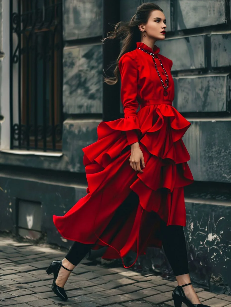 A stylish woman in a vibrant red ruffled dress, black leggings, and patent heels walks confidently on a city street. Her hair flows, creating a dynamic fashionINSTA moment against the dark, textured building.