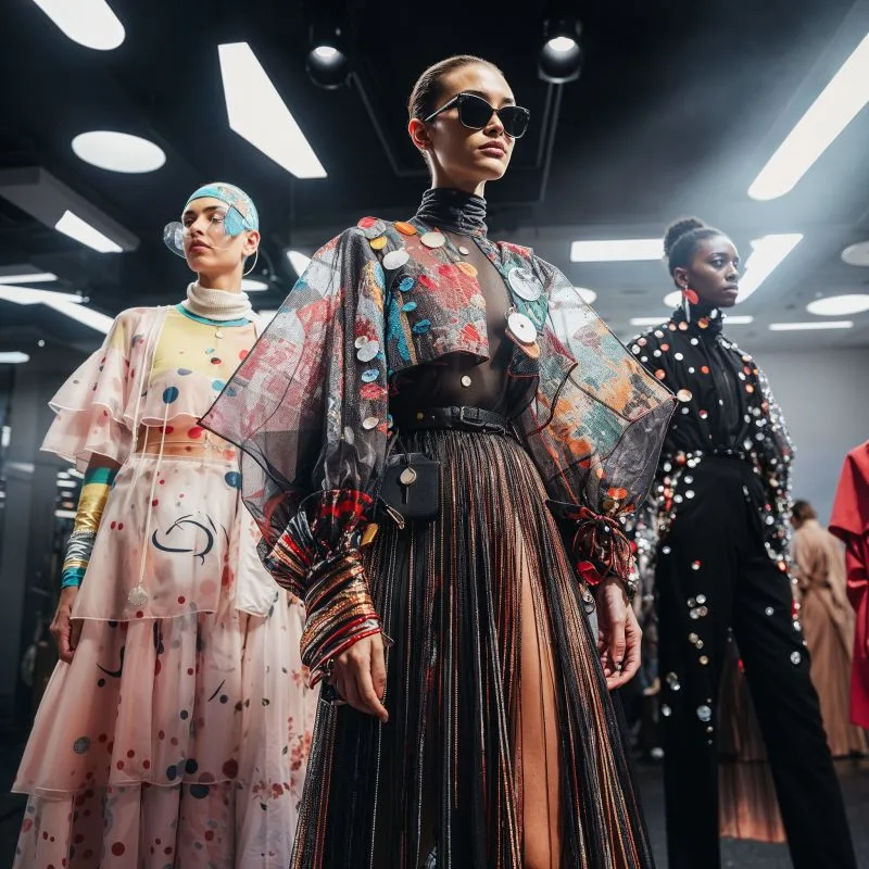 A fashionINSTA showcase features models in striking avant-garde outfits: one wears a sheer multi-colored top and striped skirt, another a whimsical polka-dot dress, and a third an embellished black ensemble.