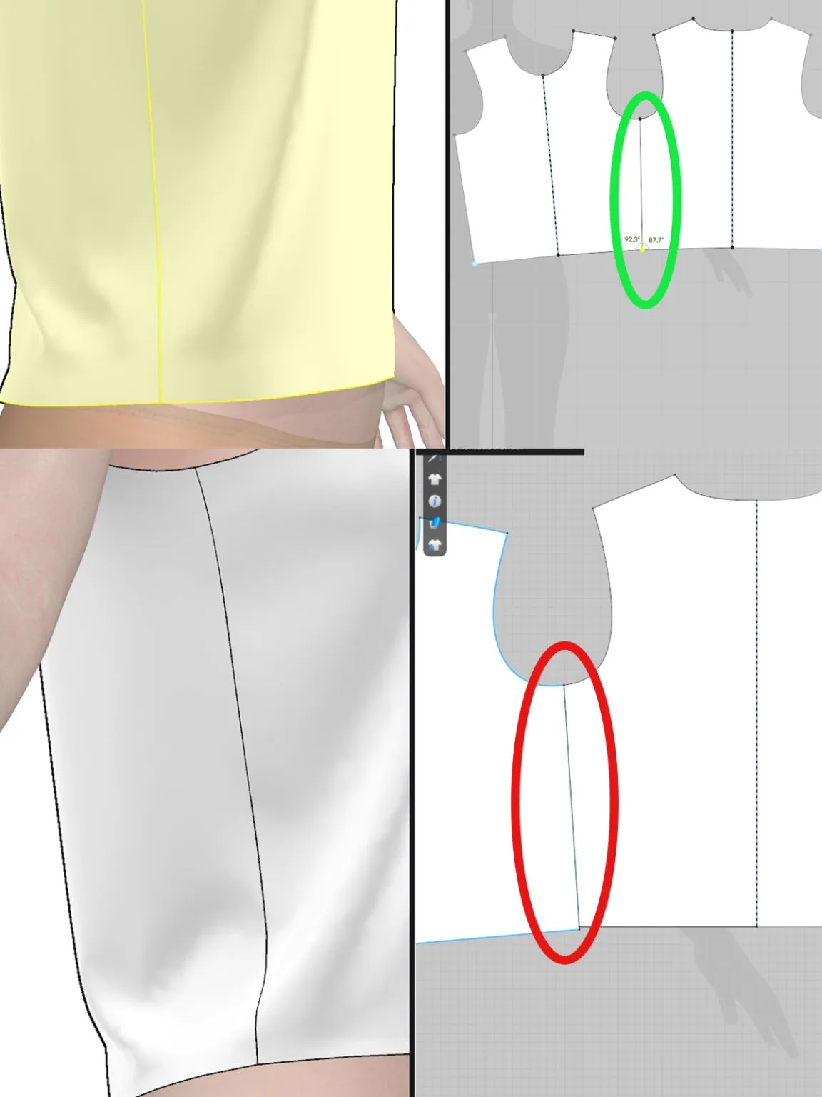 This fashionINSTA screenshot illustrates the digital fashion design process, featuring 3D models of yellow and white sleeveless tops on a mannequin, juxtaposed with their corresponding CLO3D CAD pattern pieces, highlighting measurements and seam variations on a computer screen.