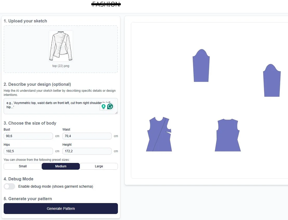 A fashioninsta_AI interface on a computer screen displays a user uploading an asymmetric top sketch, inputting body measurements, and generating digital clothing patterns for sleeves and bodice, showcasing generative AI in fashion tech.