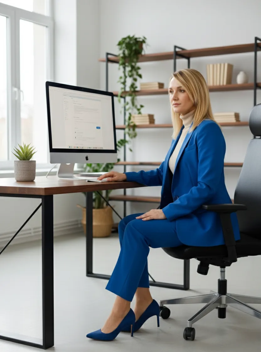 This image depicts a professional woman dressed in a vibrant blue business suit and high heels, seated on an office chair at a wooden desk. She is focused on a large desktop computer screen, appearing engaged in work-related tasks. The office environment is modern and clean, featuring large windows allowing natural light, a potted plant on the desk, and minimalist shelving in the background with decorative items and books. The setting conveys a professional and organized workspace suitable for business or corporate activities.