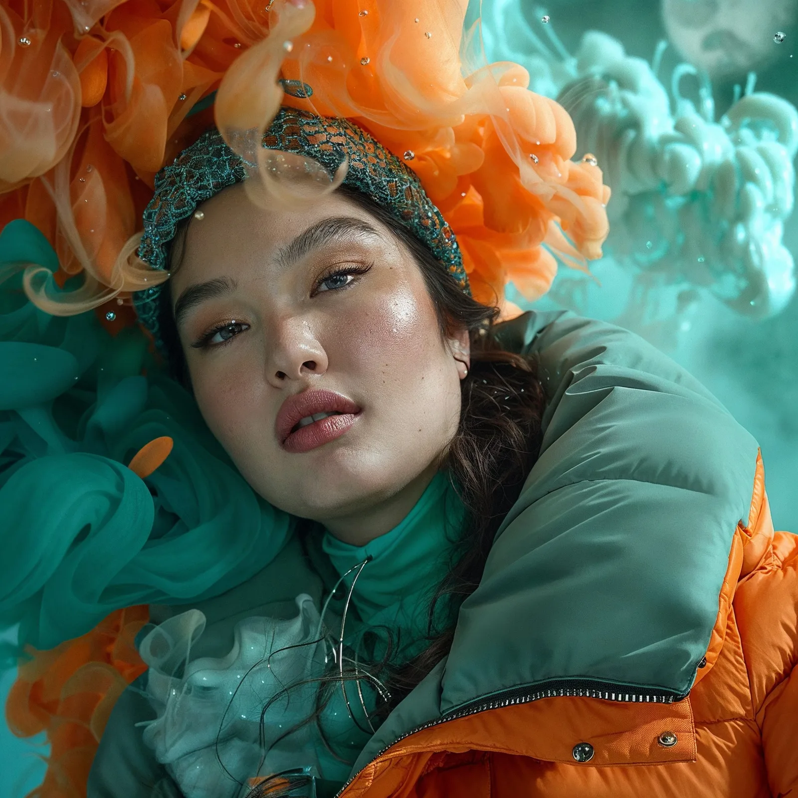 Portrait of a Woman with Colorful Ink Swirls in Background This is a close-up portrait of a woman surrounded by vibrant ink swirls in teal and orange. The woman has smooth, glowing skin and natural makeup with emphasis on her eyes and lips. She wears a greenish teal padded jacket with an orange lining and a decorative headpiece that blends with the orange ink swirls. The background features a dynamic mix of teal and orange fluids, creating an artistic and surreal atmosphere. The image combines portrait photography with abstract color art, suitable for fashion editorials, creative advertising, or art projects.