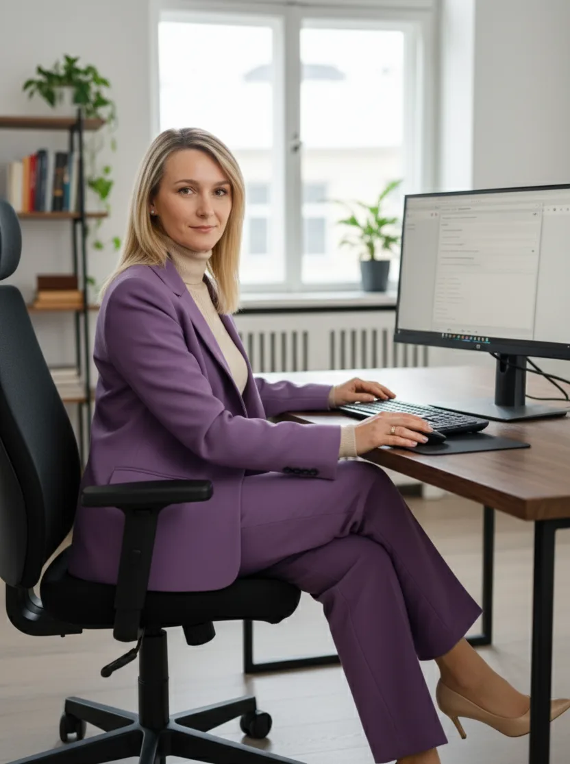Woman Working with Fashion AI Tool Displayed on Computer Monitor