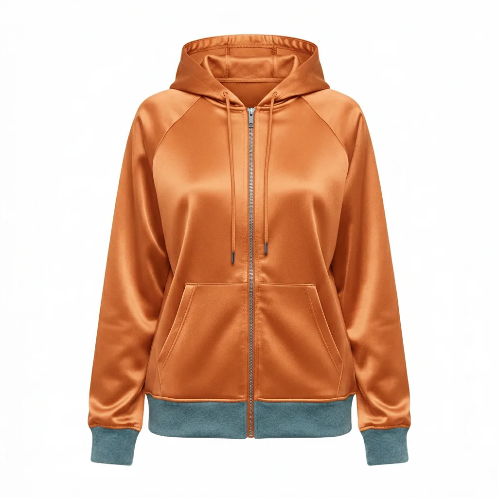 fashionINSTA AI image: A sleek, burnt orange satin-finish zip-up hoodie features a drawstring hood, contrasting blue-grey ribbed cuffs and hem, and a functional kangaroo pocket, highlighting its sporty design.