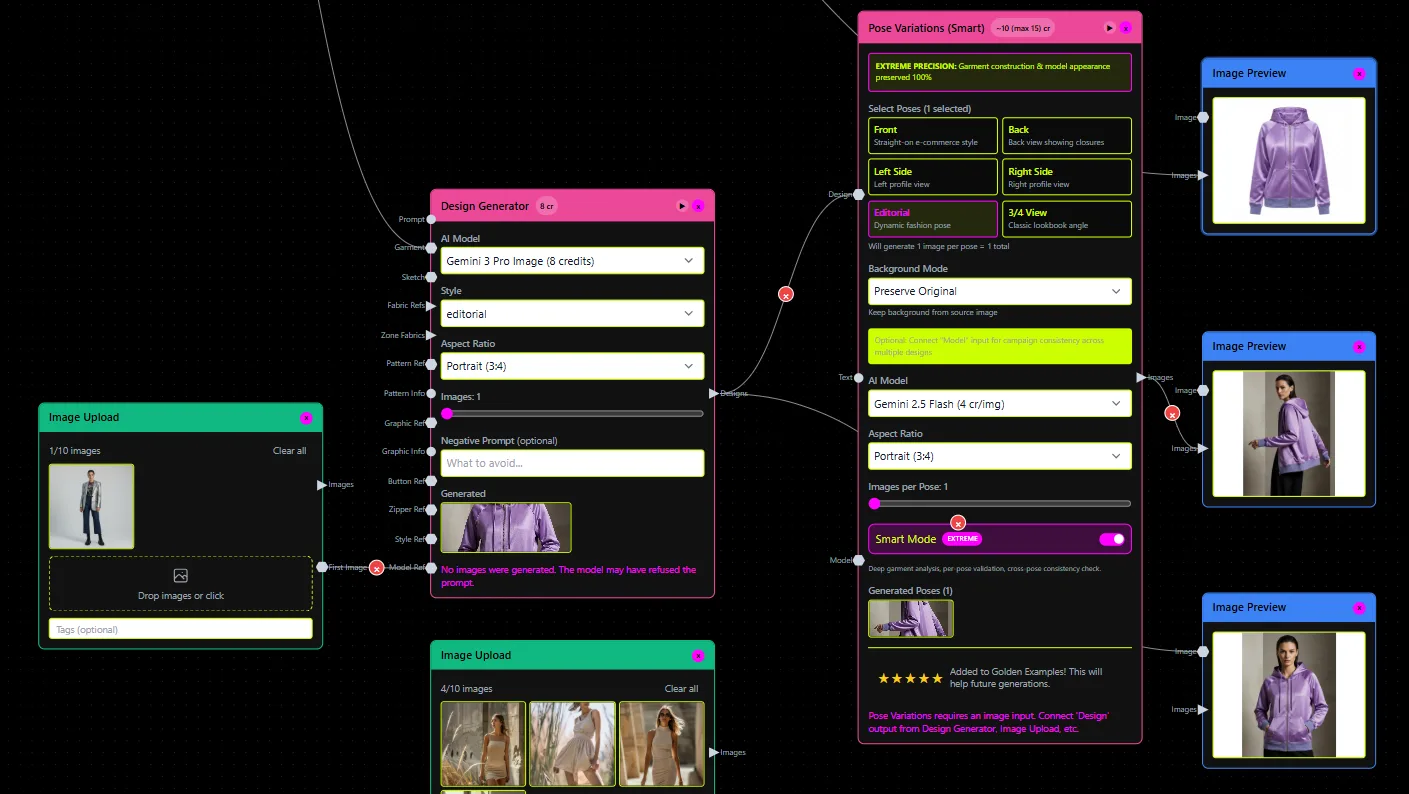 fashionINSTA image: A fashion tech software interface demonstrates AI garment design. It shows the process of generating a purple hoodie, from initial upload to various virtual model poses and final image previews.