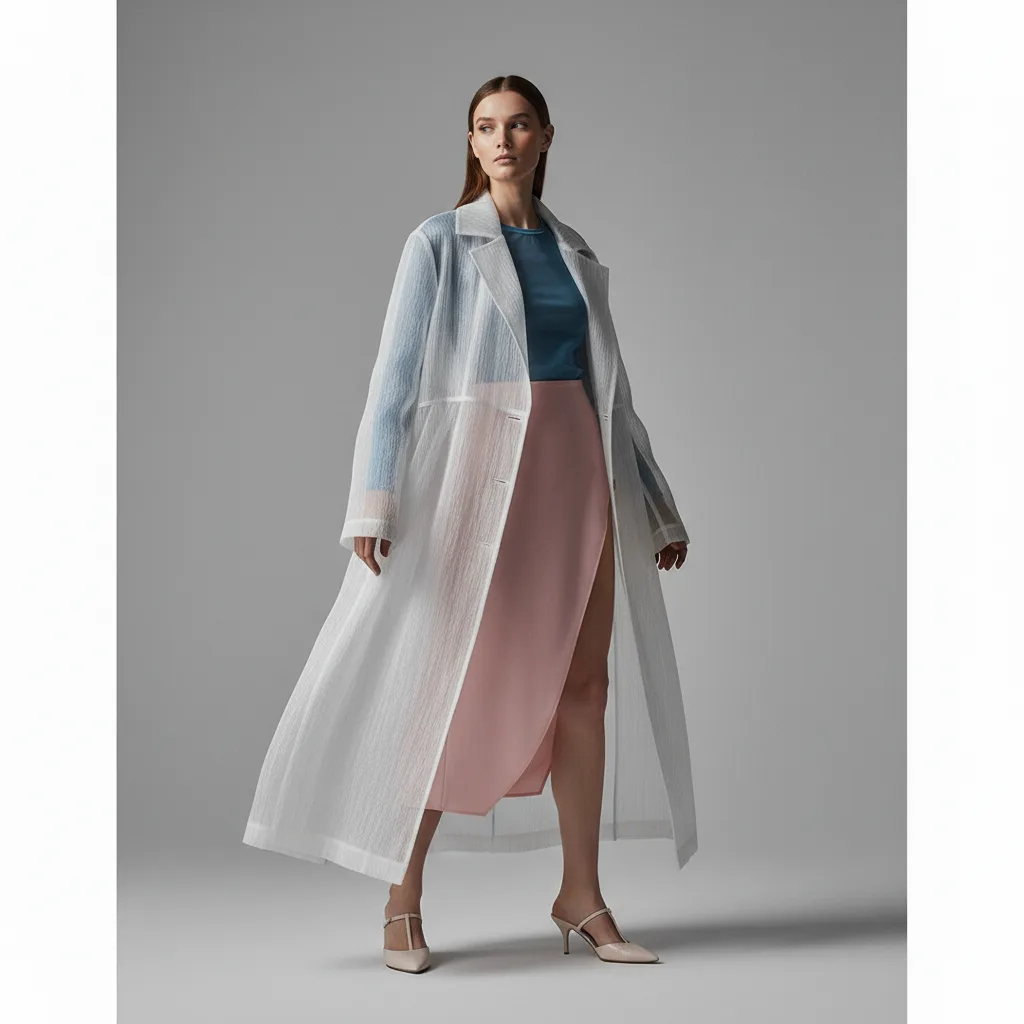 fashioninsta_AI image: Elegant model in a sheer white transparent coat, layered over a teal top and a pink midi skirt with a high slit, poses in a contemporary studio with neutral heels.