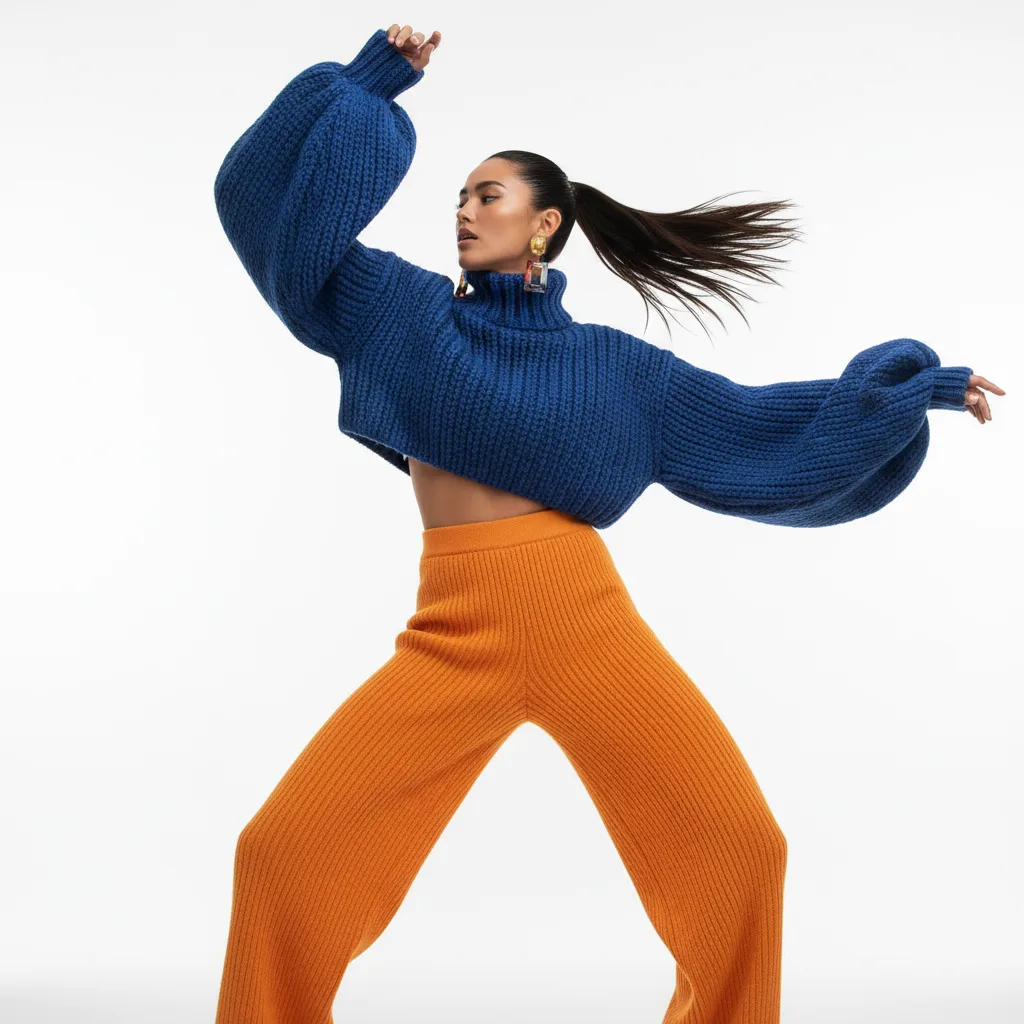 fashionINSTA image: Energetic model in a contemporary color-blocked knit outfit. She wears an oversized blue cropped turtleneck sweater and ribbed orange wide-leg pants, showcasing a dynamic pose.