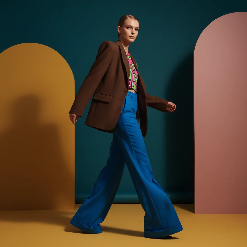 fashioninsta_AI image: A confident model walks in a studio, wearing a brown blazer, vibrant patterned top, and blue wide-leg trousers. The bold, color-blocked backdrop features mustard yellow and pink arches.