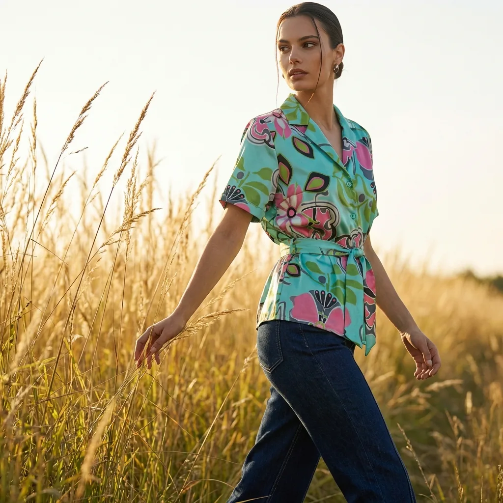 fashioninsta_AI image: A model in a casual turquoise floral print blouse with pink flowers and dark denim jeans walks through a golden wheat field. Her bohemian style suits the natural setting.