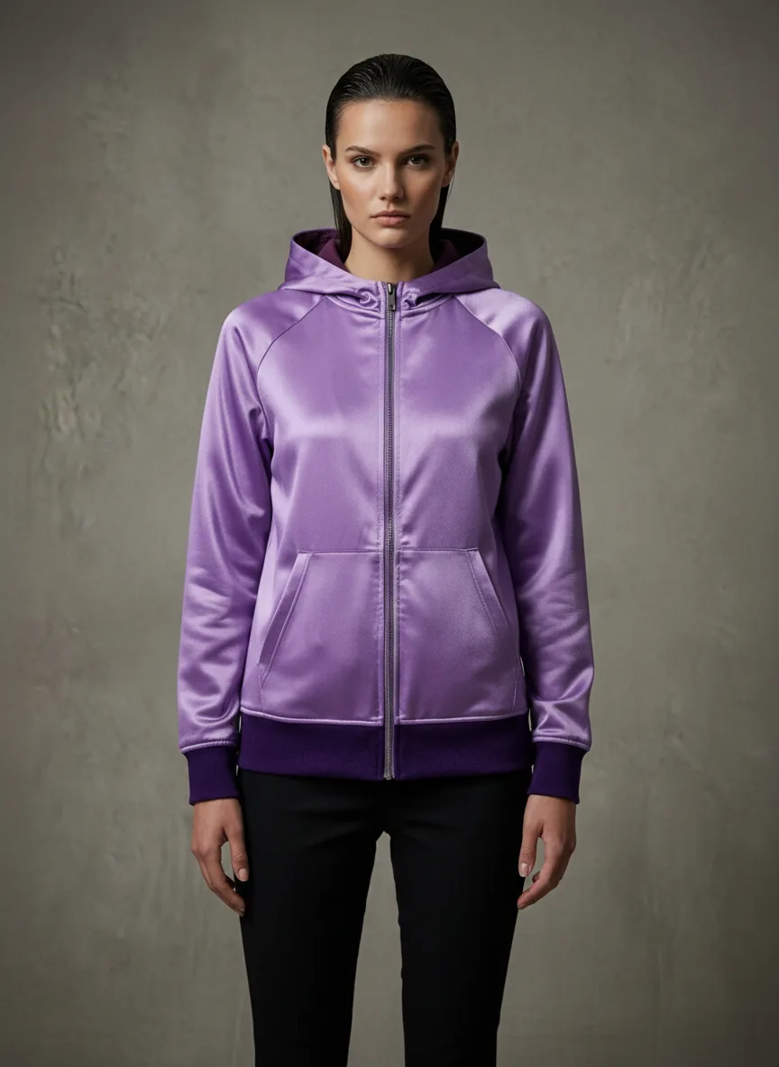 fashioninsta_AI image: A model wears a sleek, contemporary purple satin zip-up hoodie, perfect for athletic wear, featuring a kangaroo pocket and black pants against a neutral studio background.