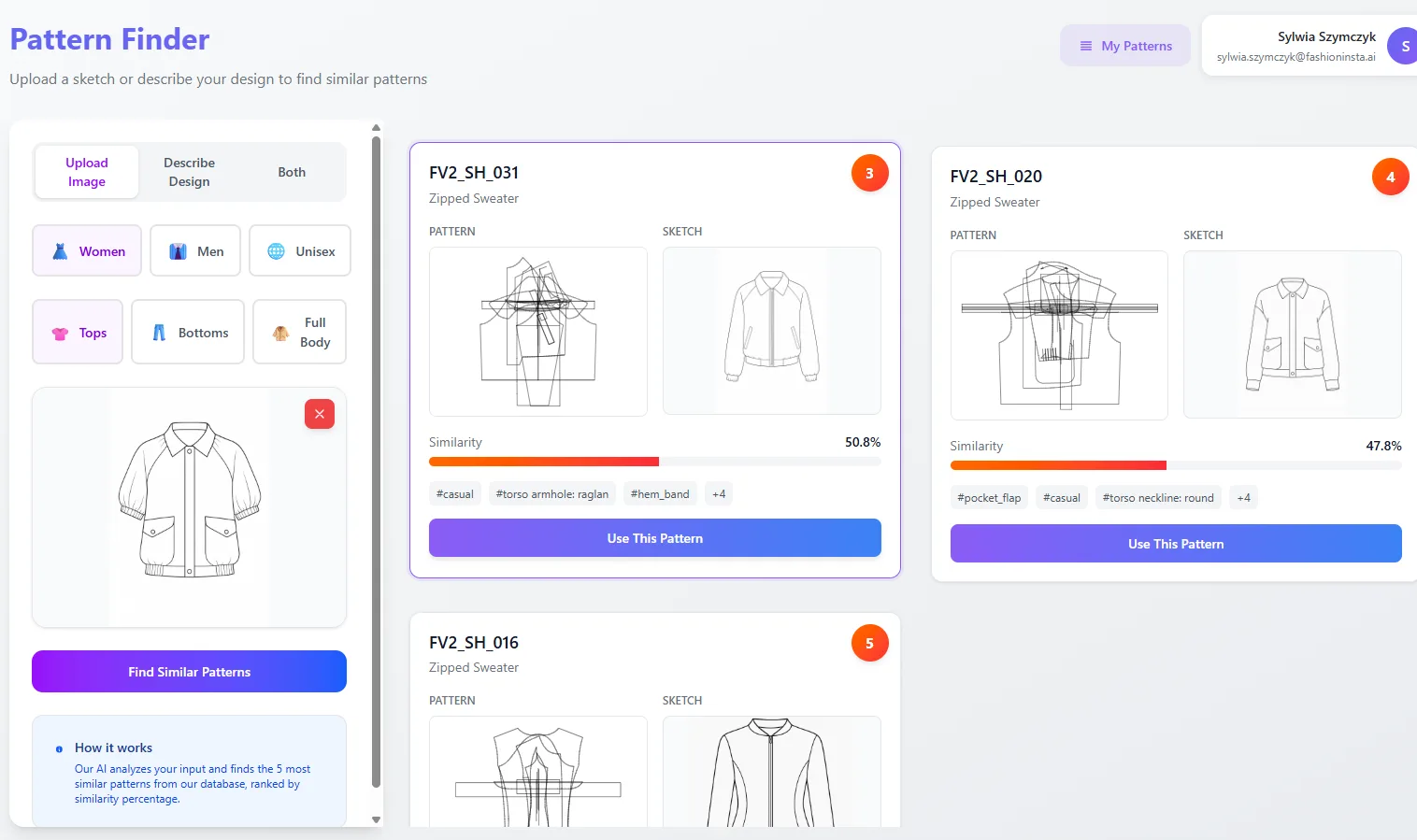 fashioninsta_AI image: A fashion design software interface, "Pattern Finder," displays an uploaded bomber jacket sketch and AI-generated similar zipped sweater patterns, assisting in digital product development from fashioninsta.ai.